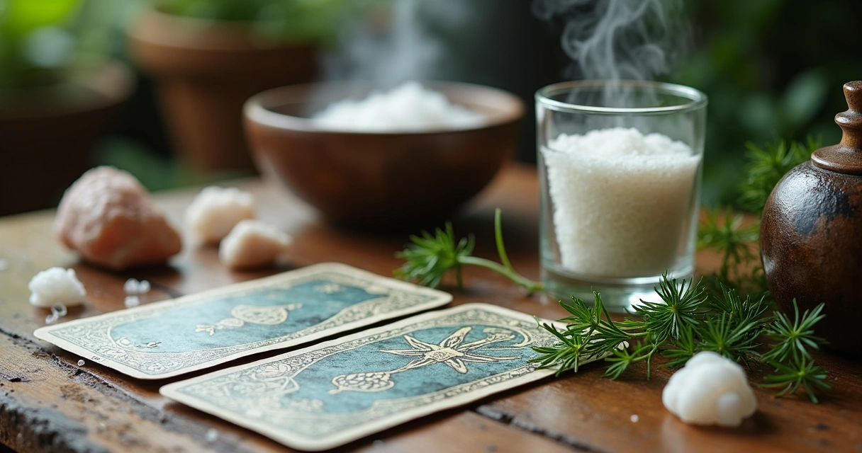 Cartas de tarot ao lado de ervas frescas e um copo com água e sal 