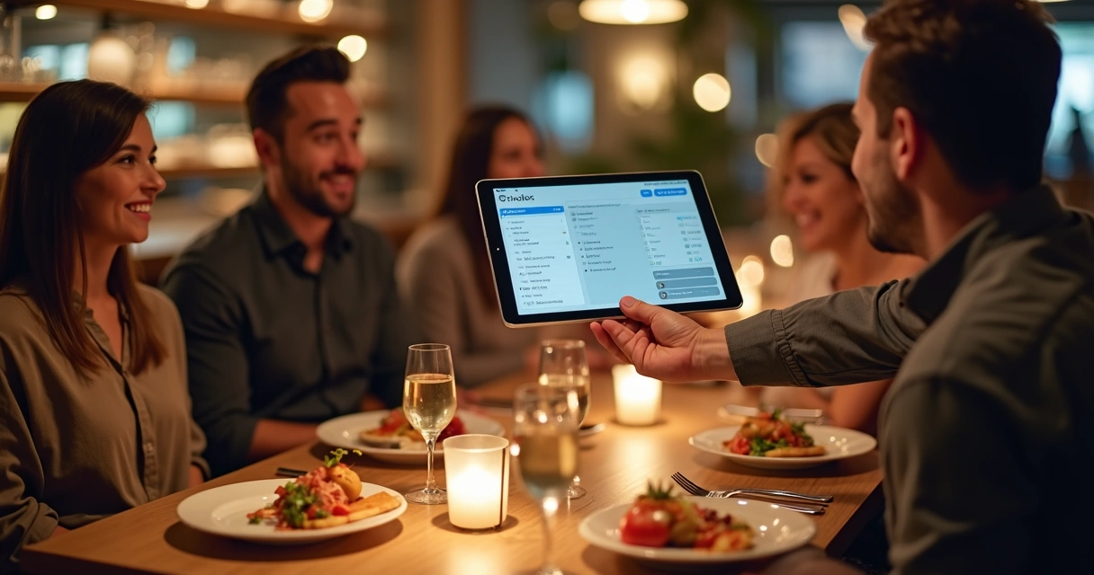 Garçom usando tablet em mesa de bar