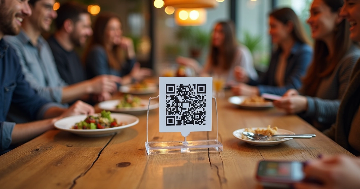 Vista de uma mesa de bar com QR Code centralizado sobre o tampo, pratos e pessoas interagindo 