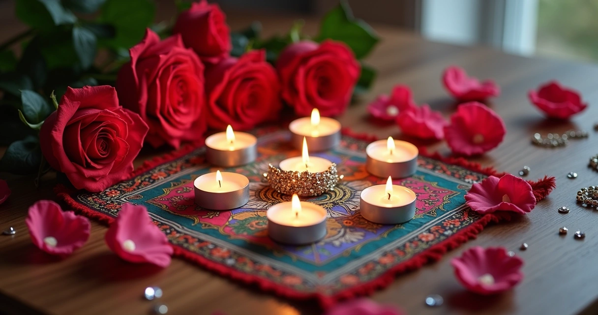 Mesa para leitura de baralho cigano decorada com rosas, velas e lenço colorido