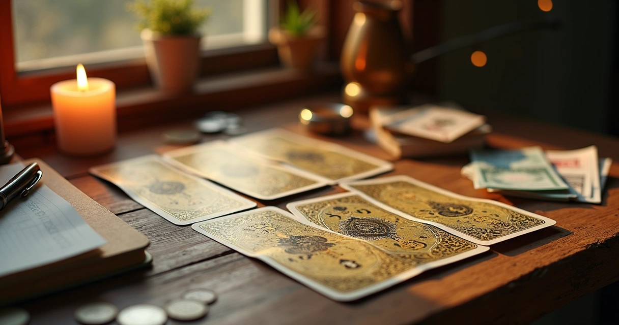 Cartas de baralho cigano na mesa junto a moedas e notas 