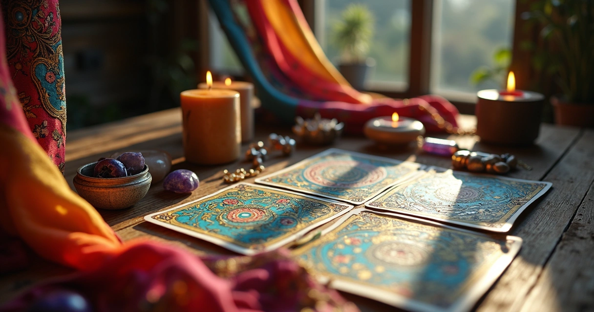 Baralho cigano aberto em uma mesa com velas e objetos místicos