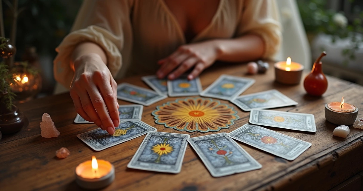 Mesa de madeira com cartas de baralho cigano dispostas em círculo, cristais e velas ao redor 