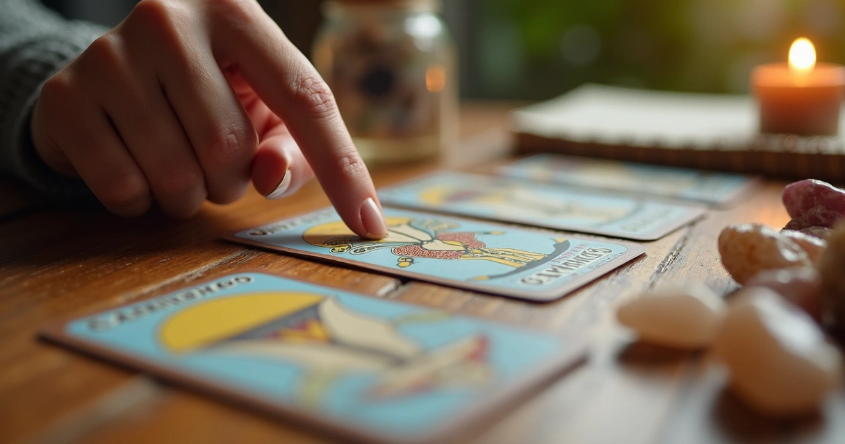 Mesa de madeira com cartas do baralho cigano e destaque para a carta Caminhos 