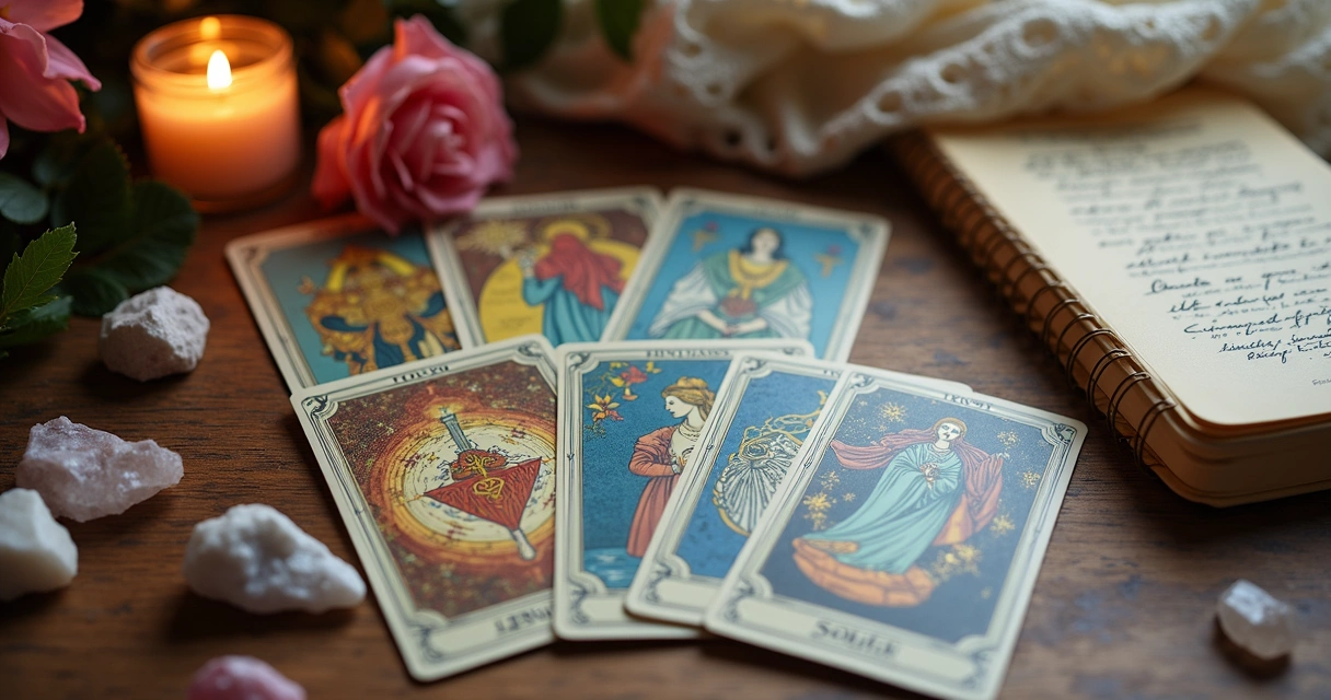 Mesa com baralho cigano aberto com cartas coloridas 