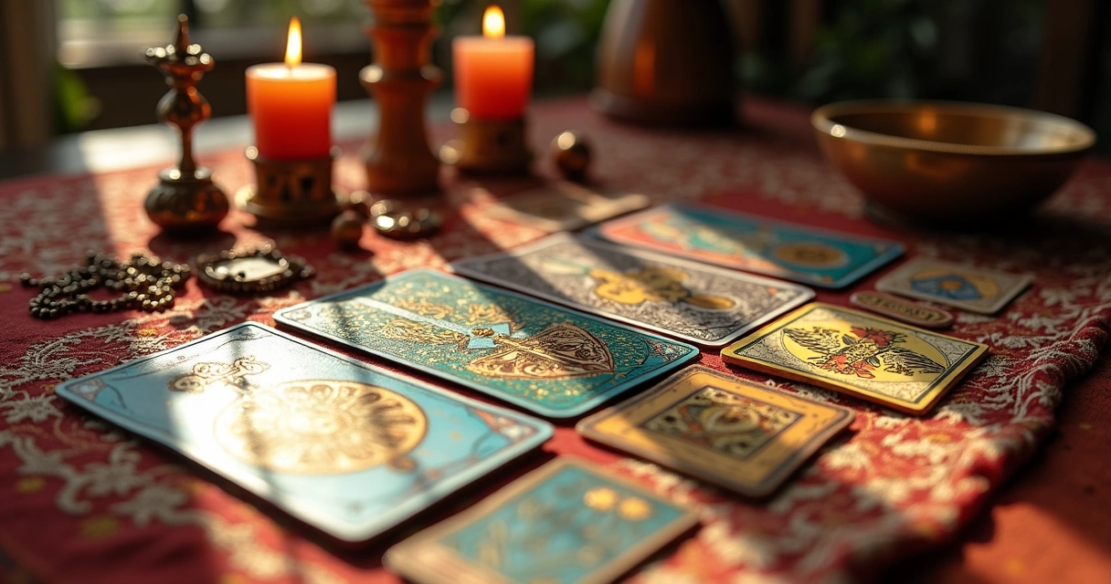 Cartas coloridas de baralho cigano espalhadas sobre mesa 