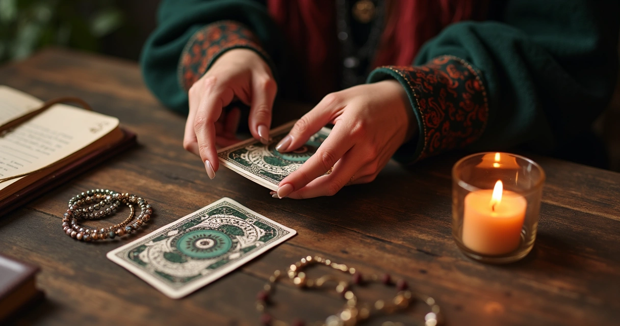 Mãos femininas embaralhando cartas ciganas em mesa com vela acesa.