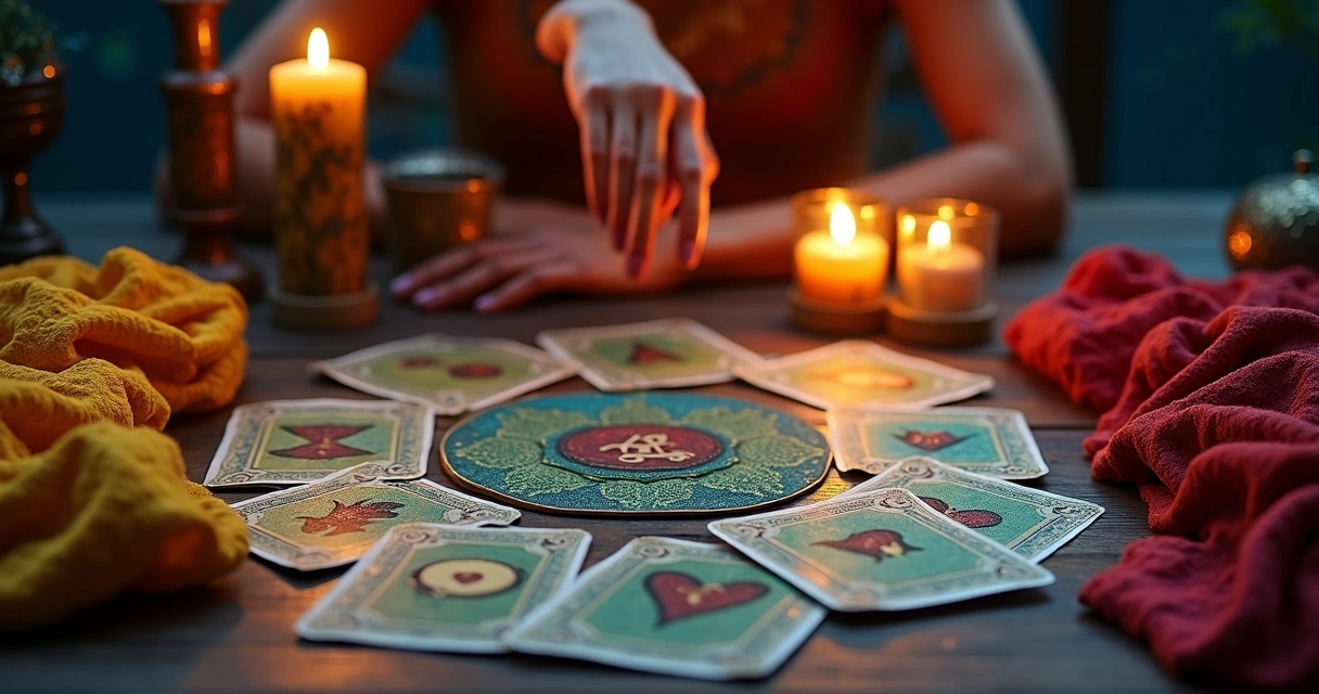 Mesa de cartas do Baralho Cigano durante uma consulta, cartas coloridas expostas 