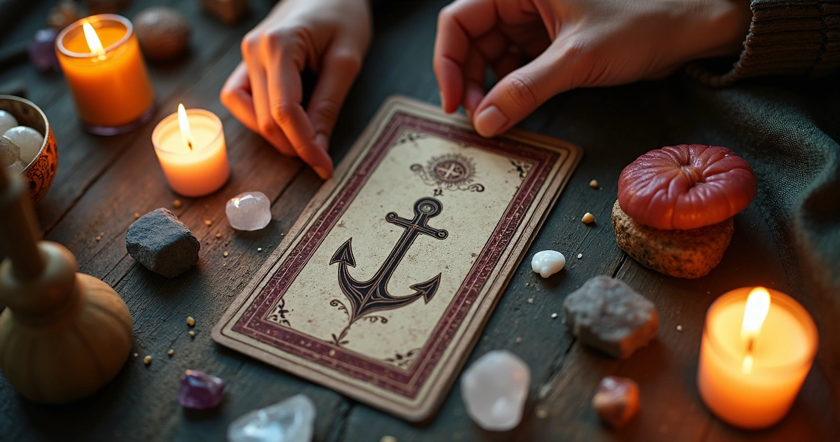 Mesa com leitura de baralho cigano, cartas expostas e incenso aceso 