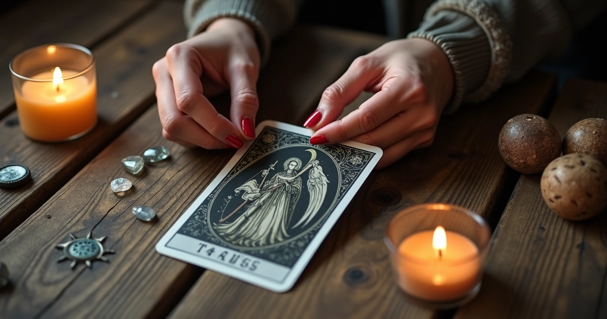 Mãos femininas embaralhando cartas ciganas em uma mesa