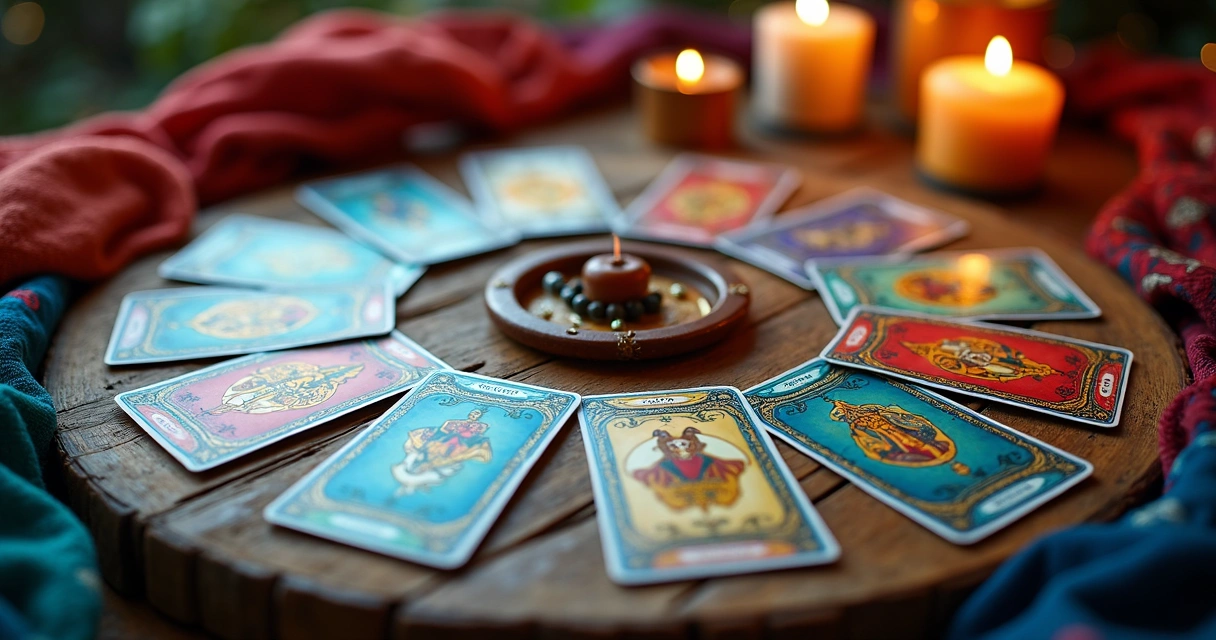 Cartas e roda astrológica cigana dispostas em mesa de madeira 