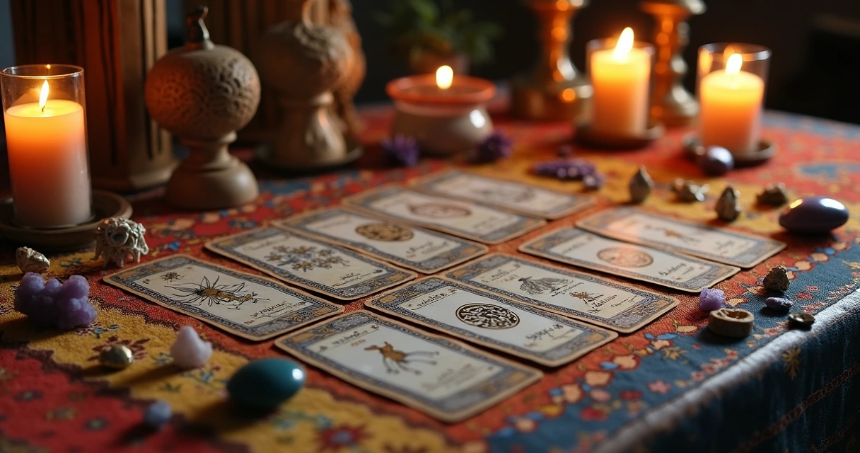Mesa com cartas do baralho cigano e símbolos dos signos 