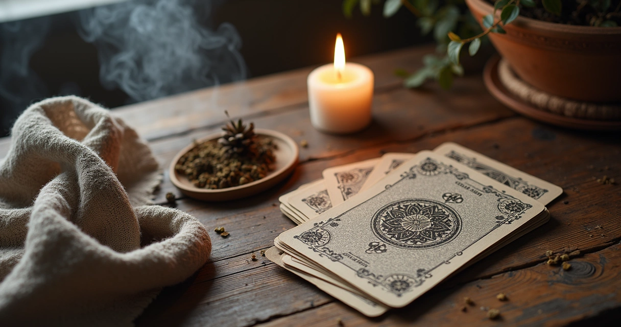 Mesa com baralho cigano, vela acesa e ervas de proteção 