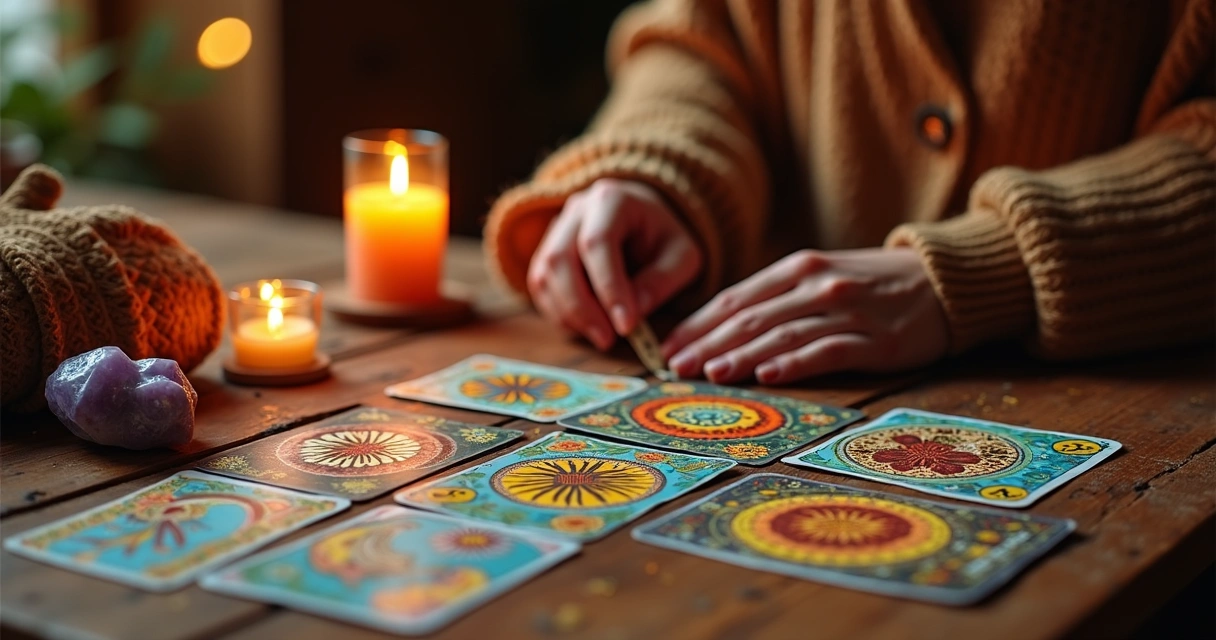 Mesa com baralho cigano e velas acessas 