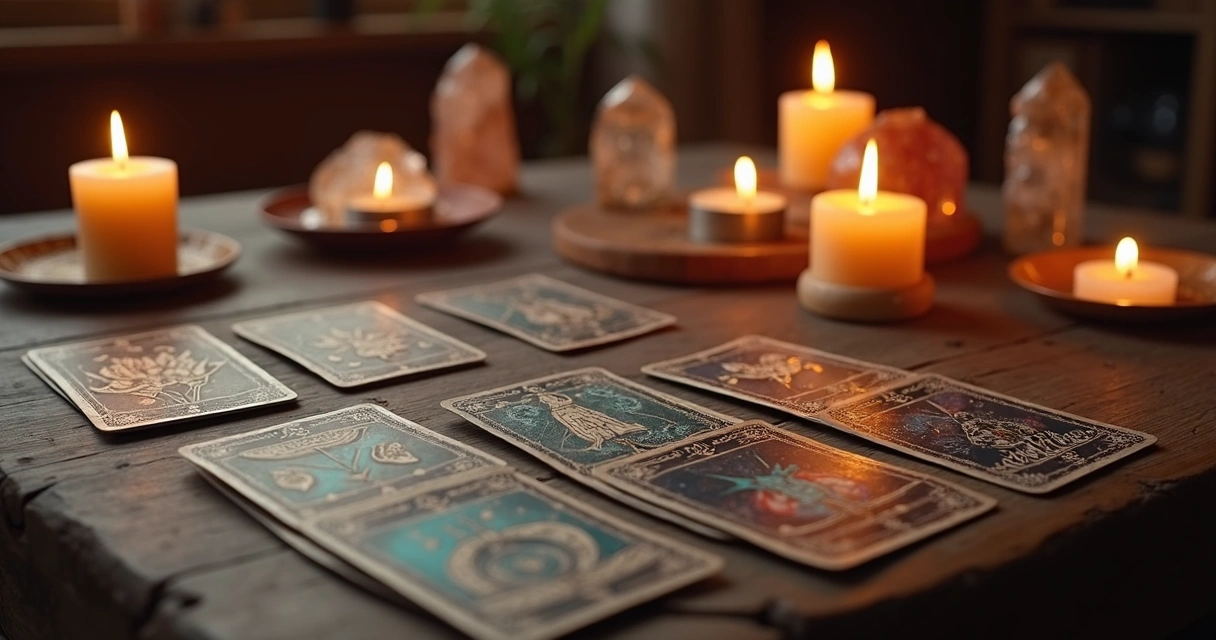 Mesa de madeira com baralho cigano aberto, velas acesas ao fundo e cristais 