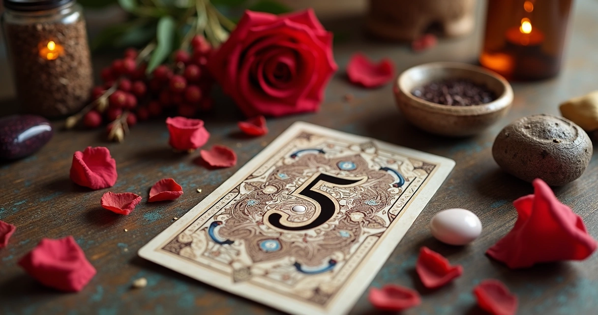 Cartas do Baralho Cigano com destaque para aspectos de amor e saúde, mesa decorada com flores secas e pedras naturais. 