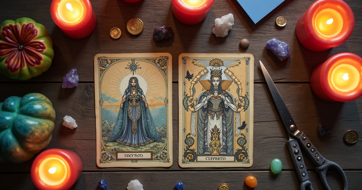 Mesa com baralho cigano, velas acesas e objetos coloridos 