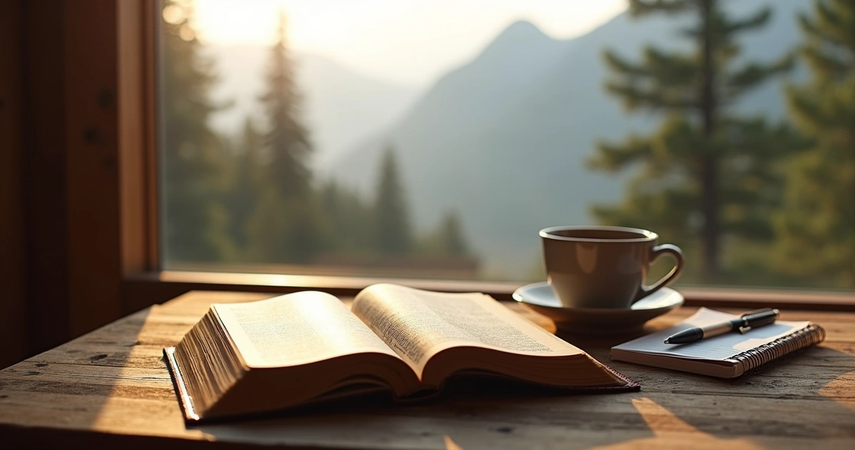 Mesa com bíblia aberta, café e caneta, luz solar suave ao lado de janela com vista para montanhas