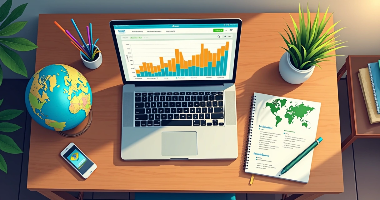 Mesa de trabalho com laptop, anotações sobre estratégias de tráfego nacional e internacional, mapas de diferentes países 
