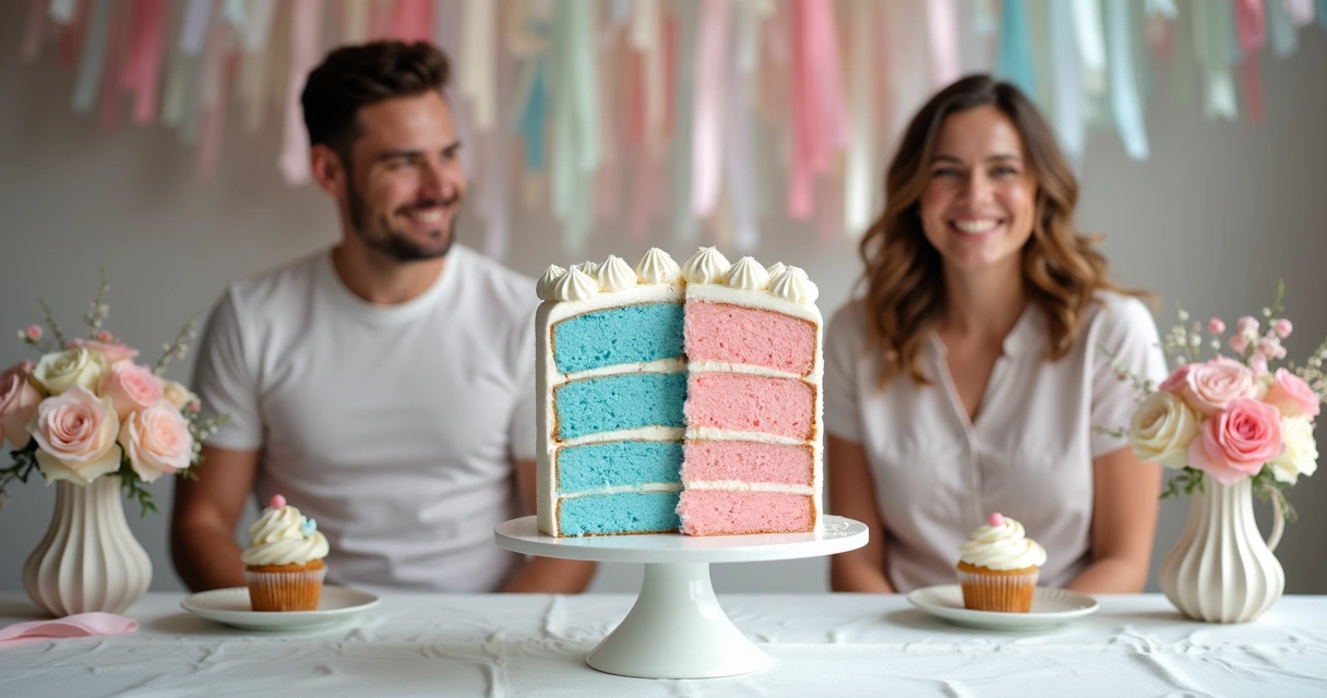 Mesa central de chá revelação com bolo temático e doces personalizados 