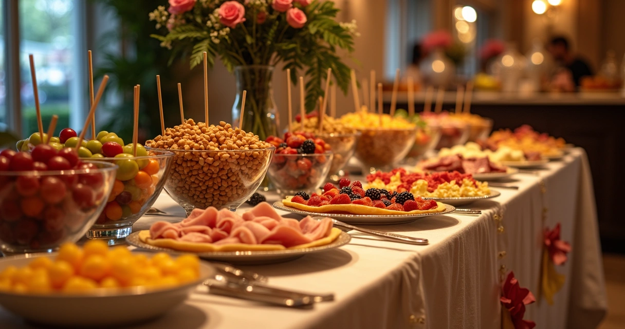 Mesa de buffet decorada de crepe suíço 