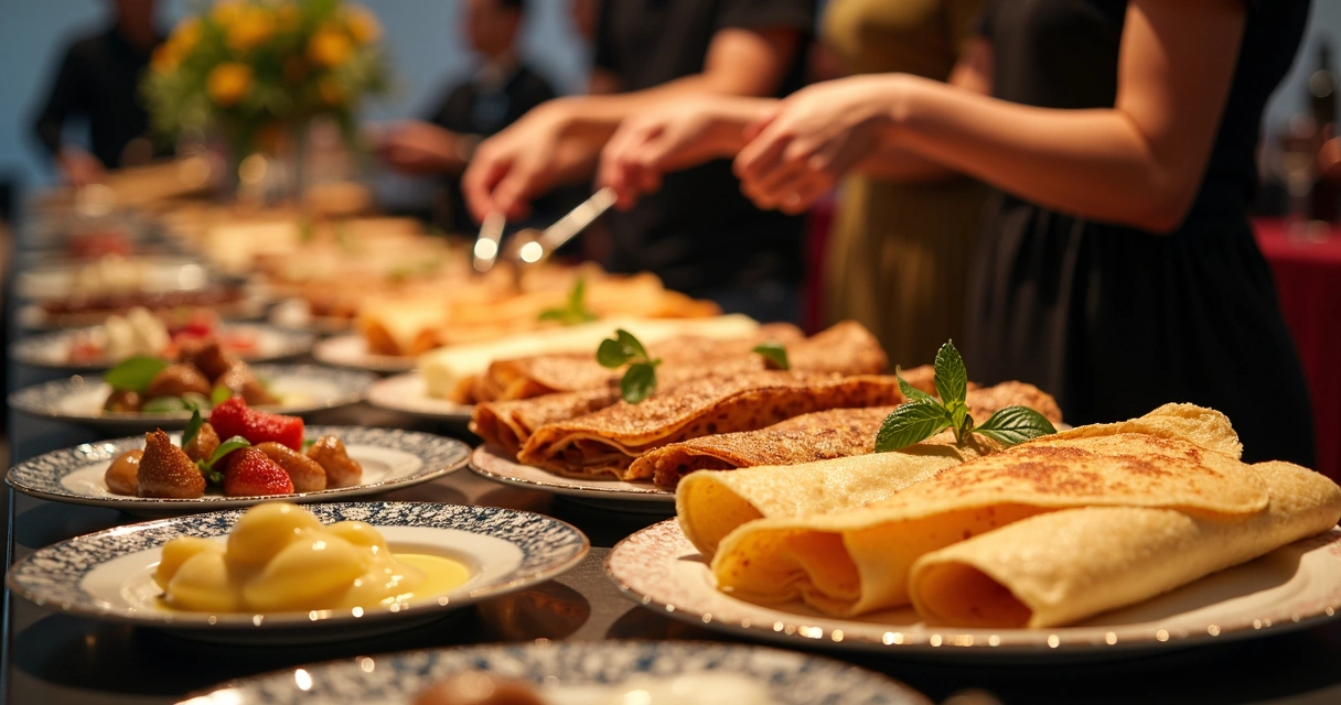 Mesa de buffet de crepes decorada em evento em Orlando 