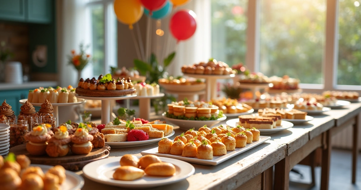 Mesa com buffet de festa, pratos e bandejas coloridas