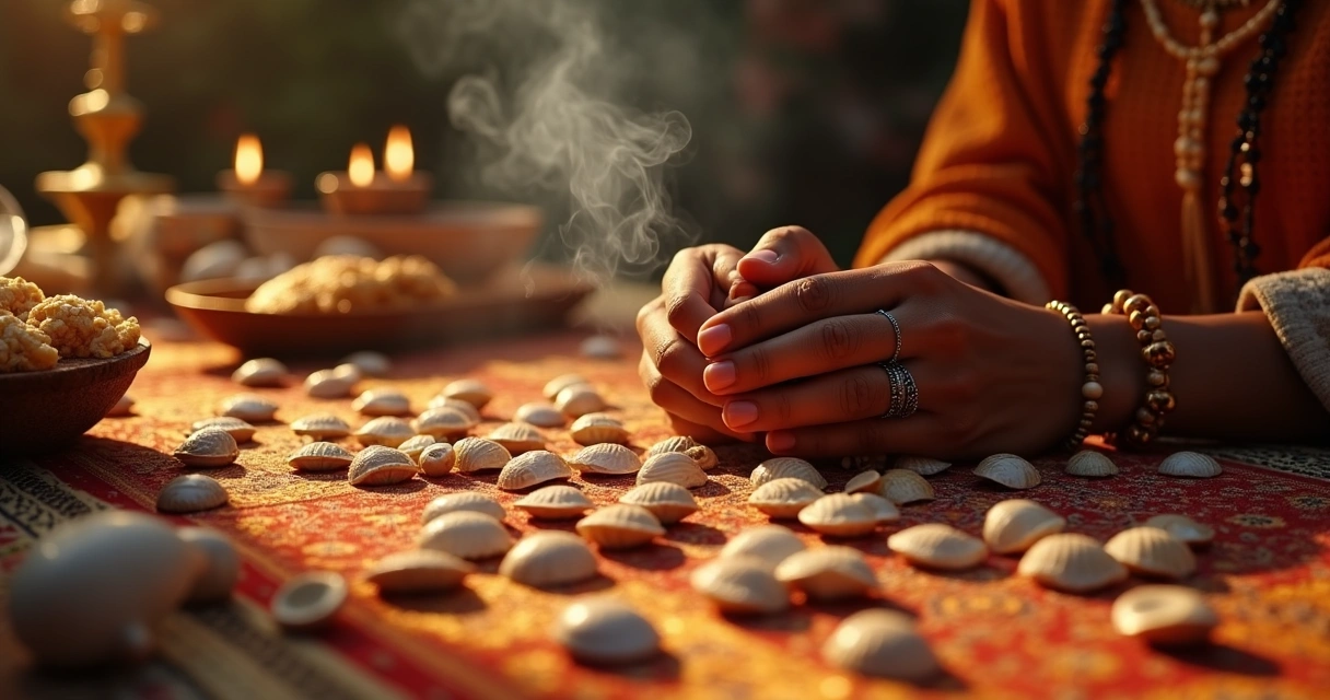 Mesa de búzios tradicional com mãos femininas e conchas douradas