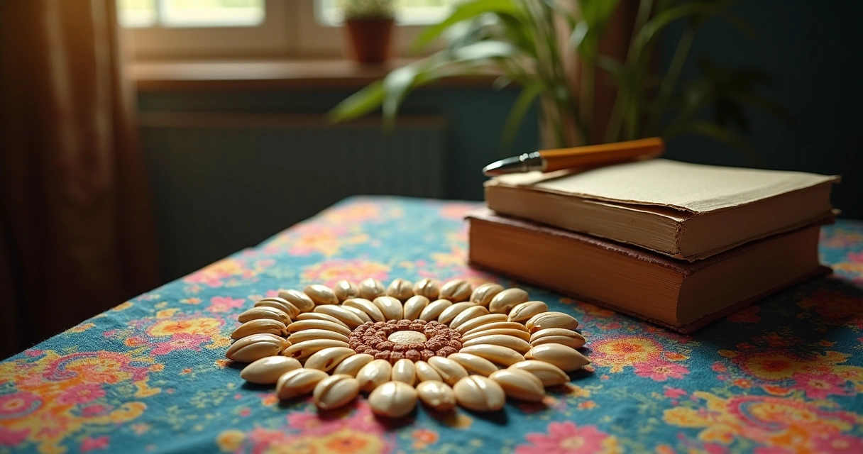 Círculo místico com búzios abertos ao lado de livros educativos