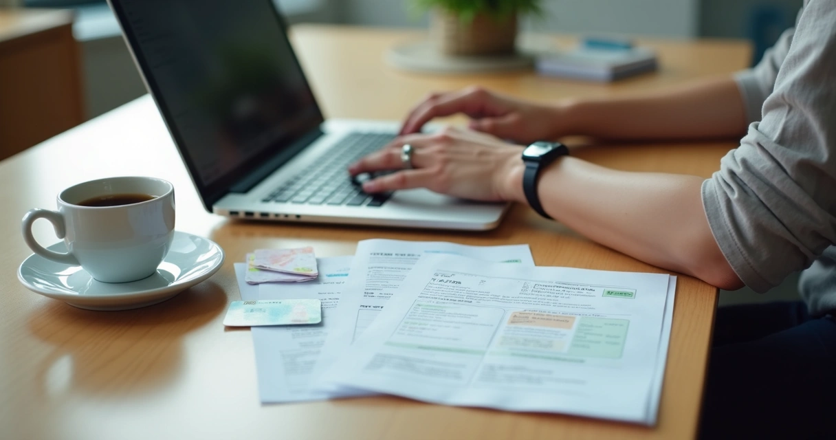 Mesa com computador, papéis de cadastro e documentos pessoais 