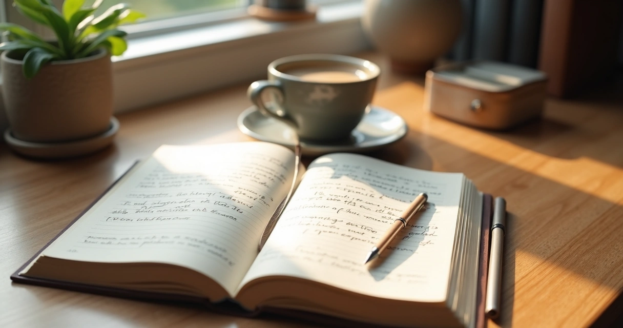 Caderno aberto com café e luz natural na mesa