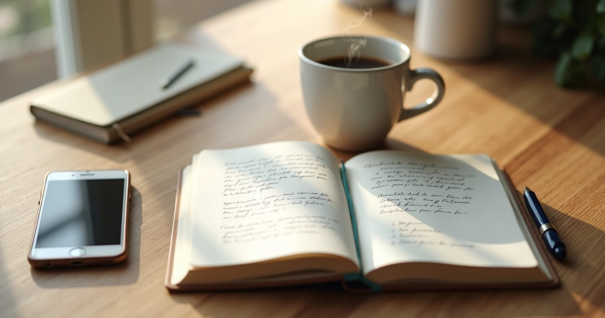 Caderno aberto, café e celular sobre mesa de trabalho