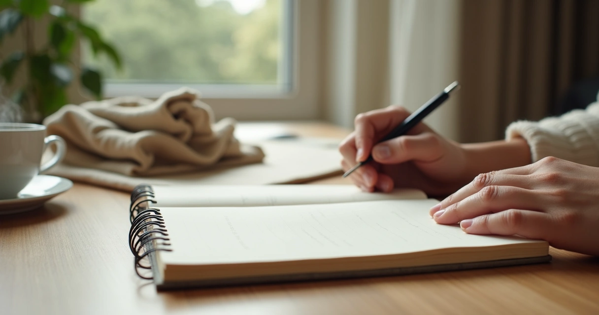 Caderno aberto, xícara de chá e mãos em pausa sobre a mesa