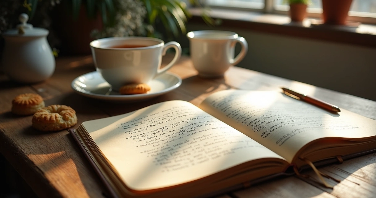 Caderno aberto com anotações de poesia ao lado de xícara de chá 