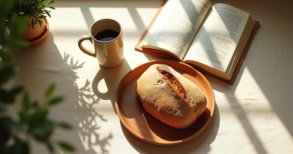 Mesa de café da manhã organizada com caneca, pão e livro 