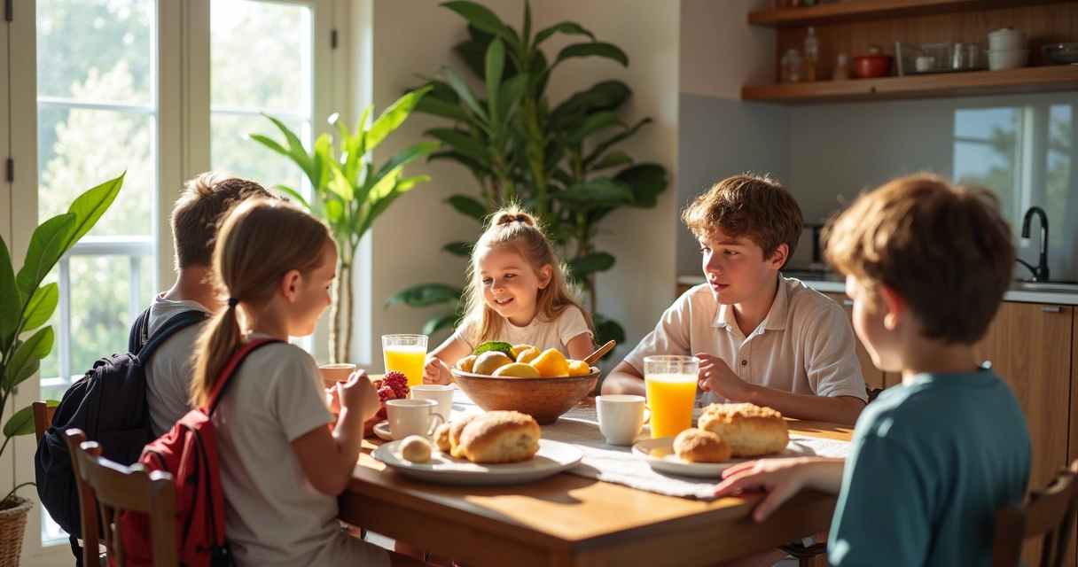 Mesa de café da manhã em casa com família pronta para sair