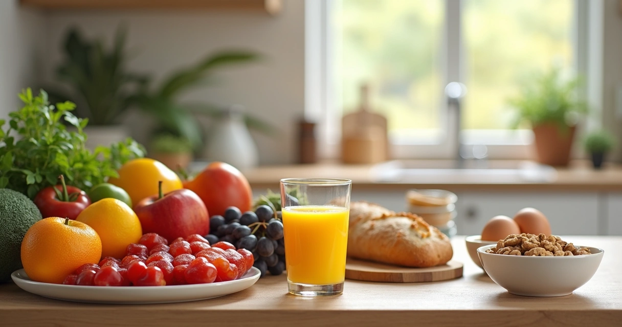 Mesa de café da manhã saudável com frutas, ovos e pães integrais. 