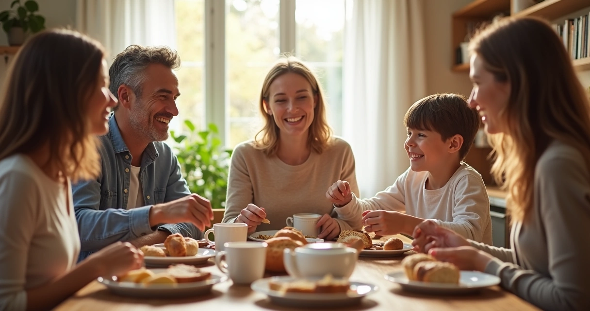 Café da manhã em família com todos à mesa. 