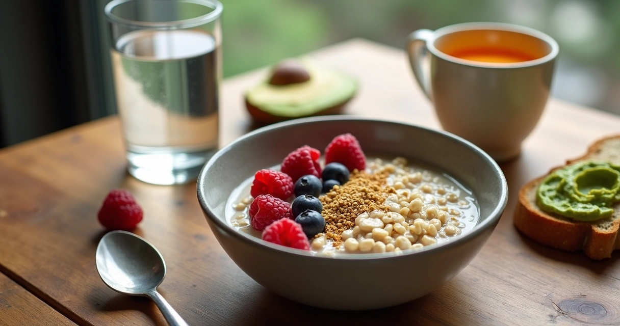 Mesa de café da manhã com alimentos naturais para menopausa 