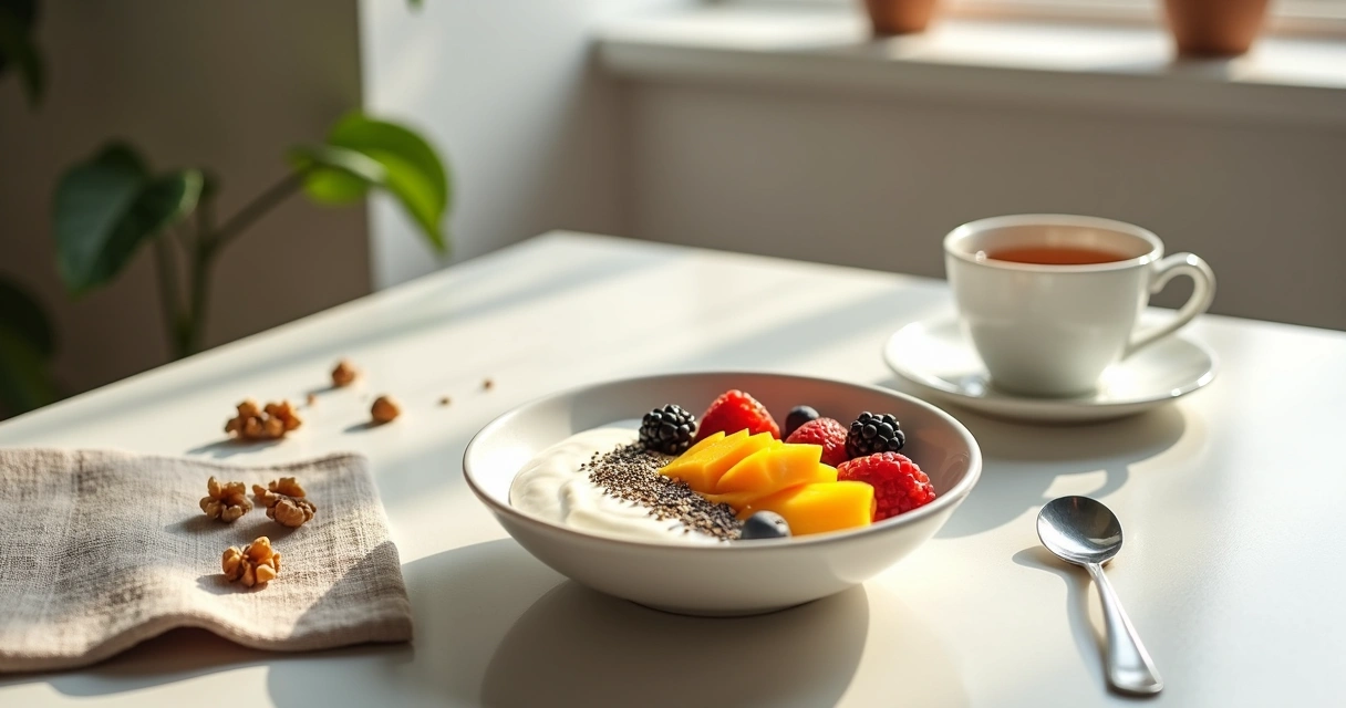 Mesa de café da manhã com iogurte, frutas, nozes e xícara de chá 