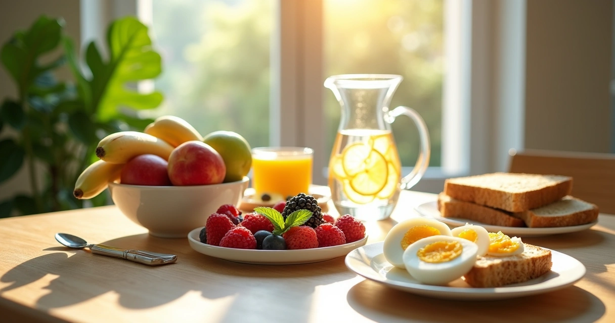Mesa de café da manhã com frutas, ovos, pães integrais e água 