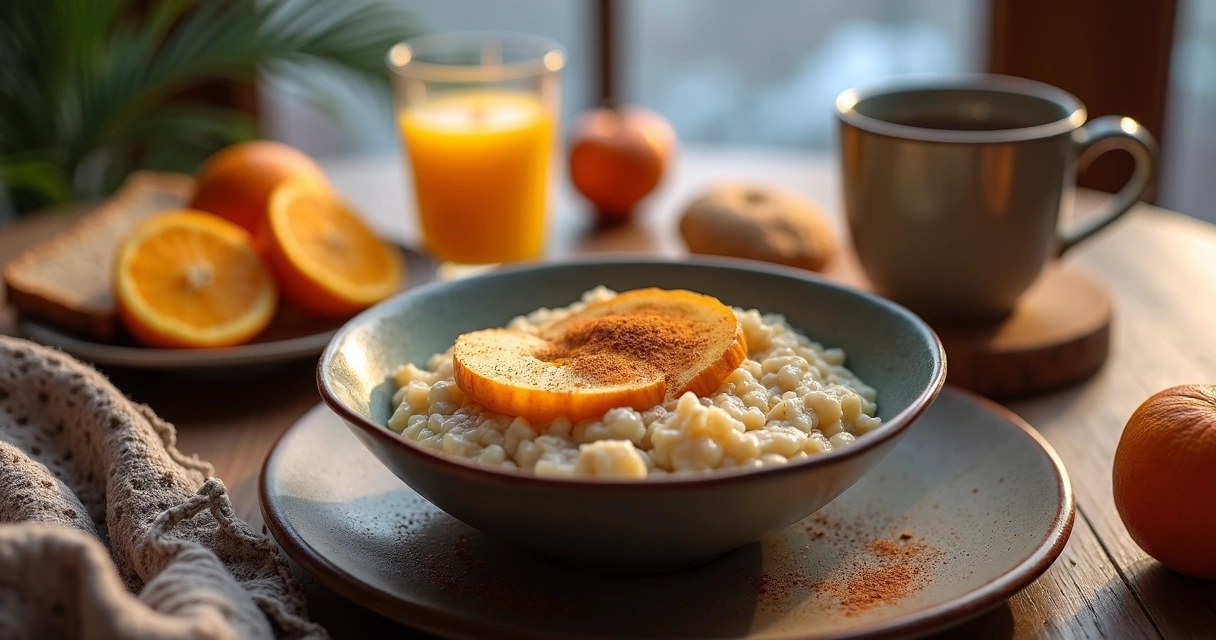 Mesa de café da manhã de inverno com aveia, frutas e pão integral