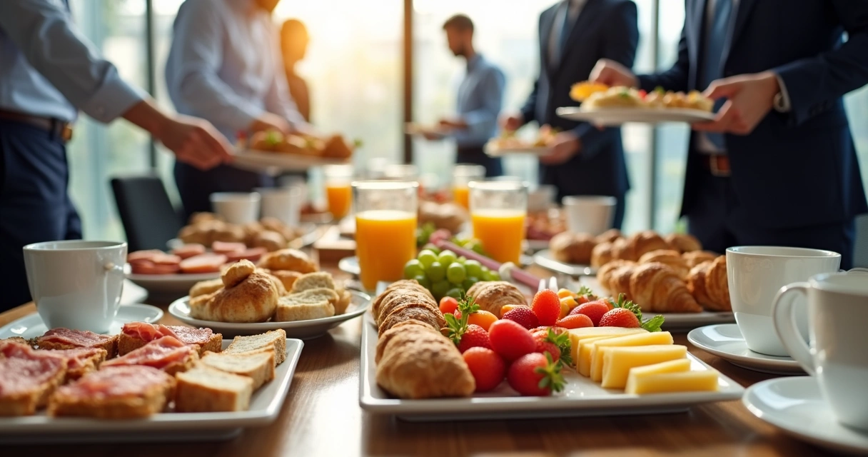 Mesa de café da manhã com opções variadas para evento corporativo. 