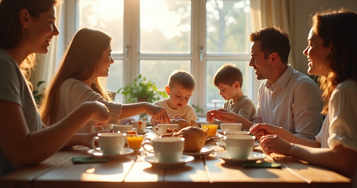 Pais e filhos tomando café da manhã juntos