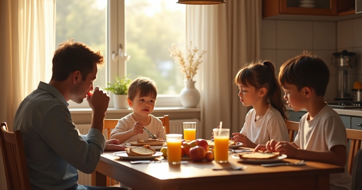 Mesa de café da manhã com família reunida em silêncio