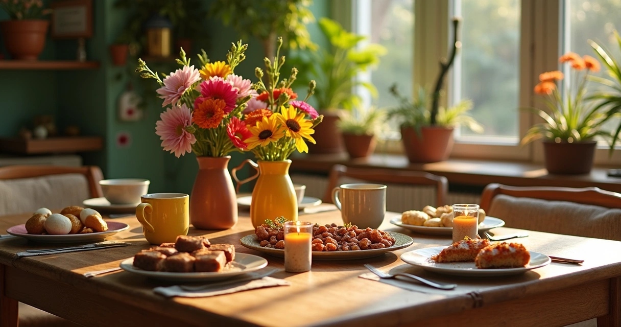 Mesa de café da tarde decorada com flores naturais e louça colorida 