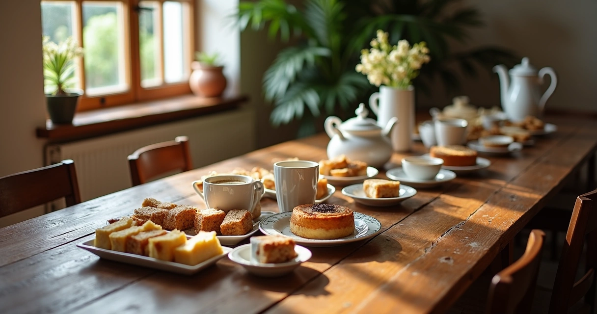 Mesa farta de café da tarde brasileira com bolos, pão de queijo e café 