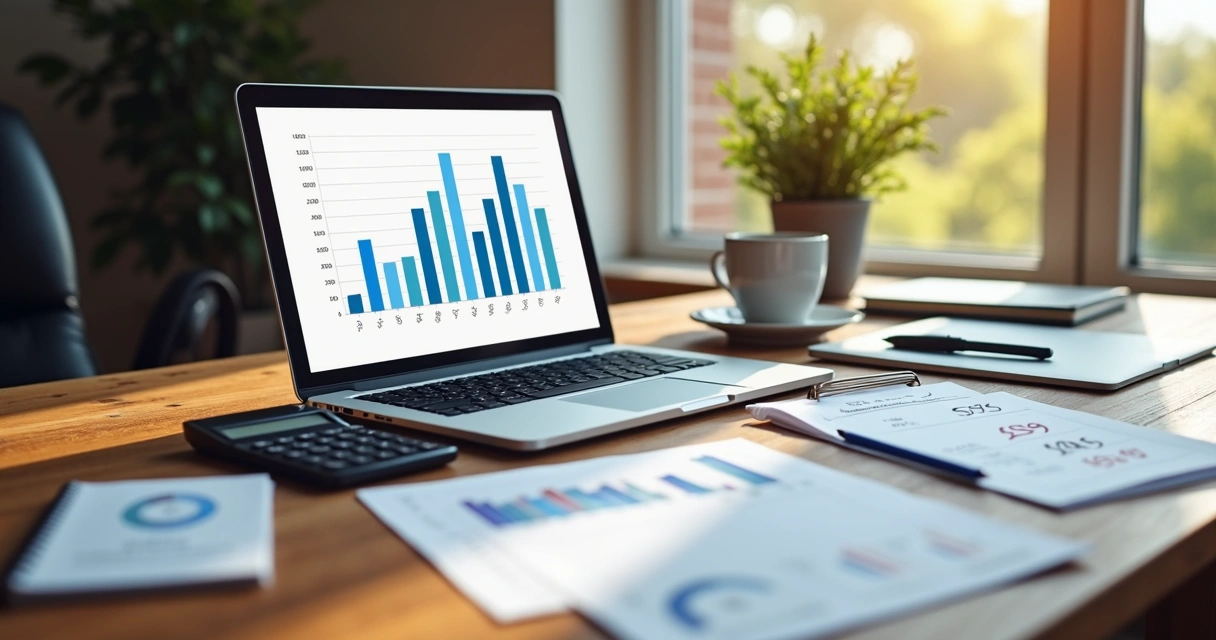 Mesa de trabalho com laptop, anotações, calculadora e gráfico de preços digitais 