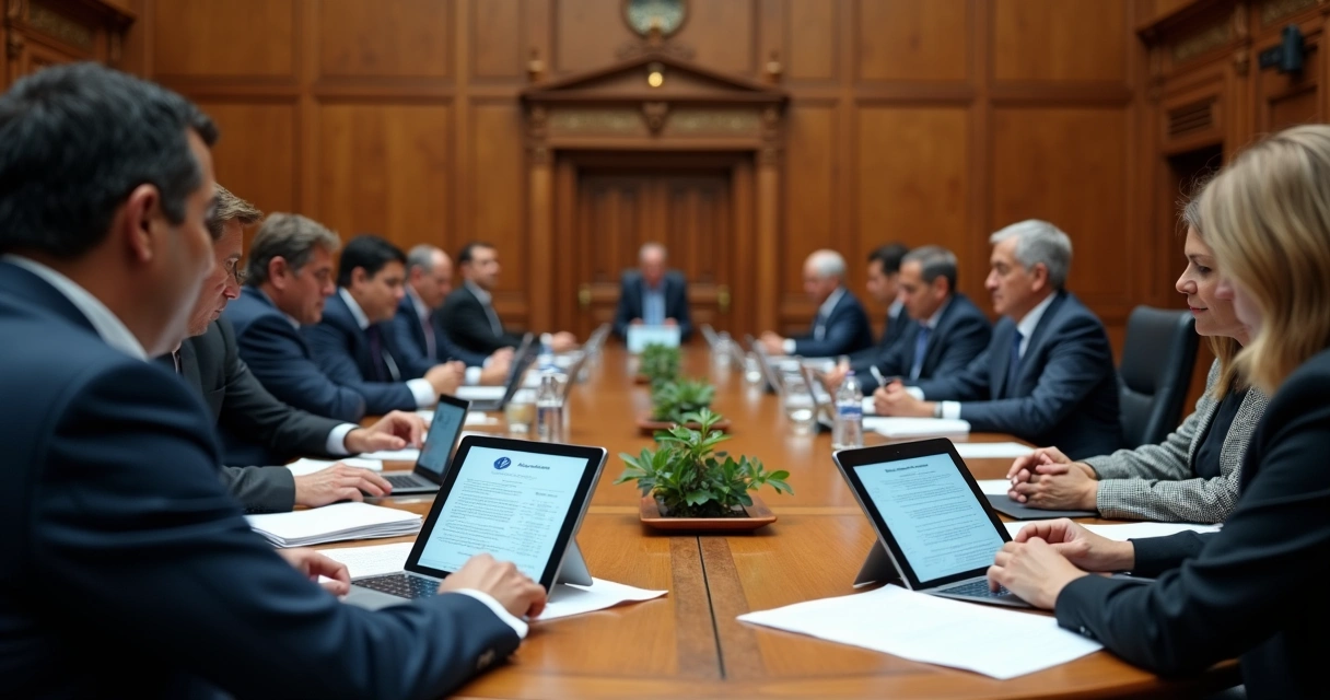 Mesa de reunião em câmara municipal com documentos digitais e telas de computadores 
