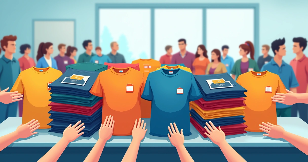 Mesa com pilha de camisetas personalizadas do terceirão para distribuição 
